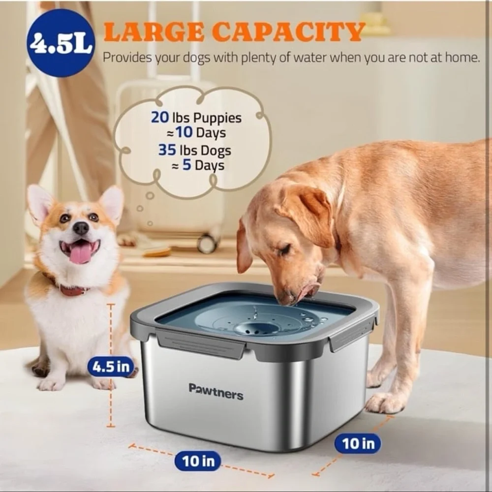 Dog Water Bowl No Spill, 4.5L Stainless Steel Dog Floating Bowl, Slow Water